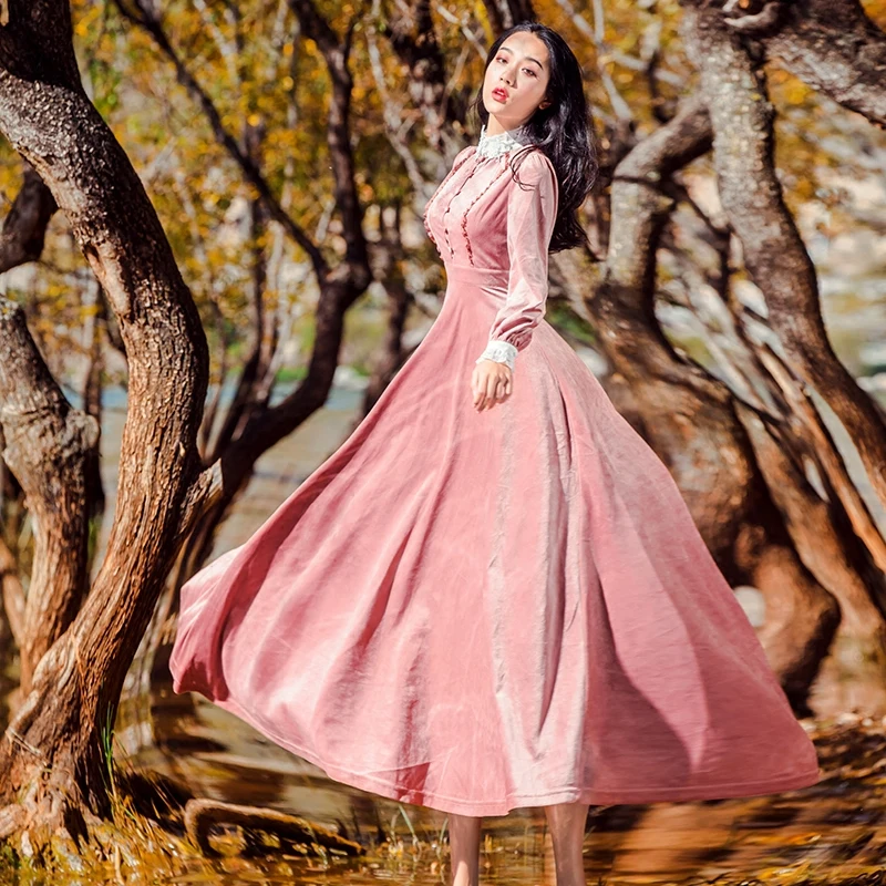 

2018 New Spring Fashion Vintage Pink Princess Dress Stand Collar Long Sleeve Slim Waist Dress Ultra Long Women Velvet Dresses
