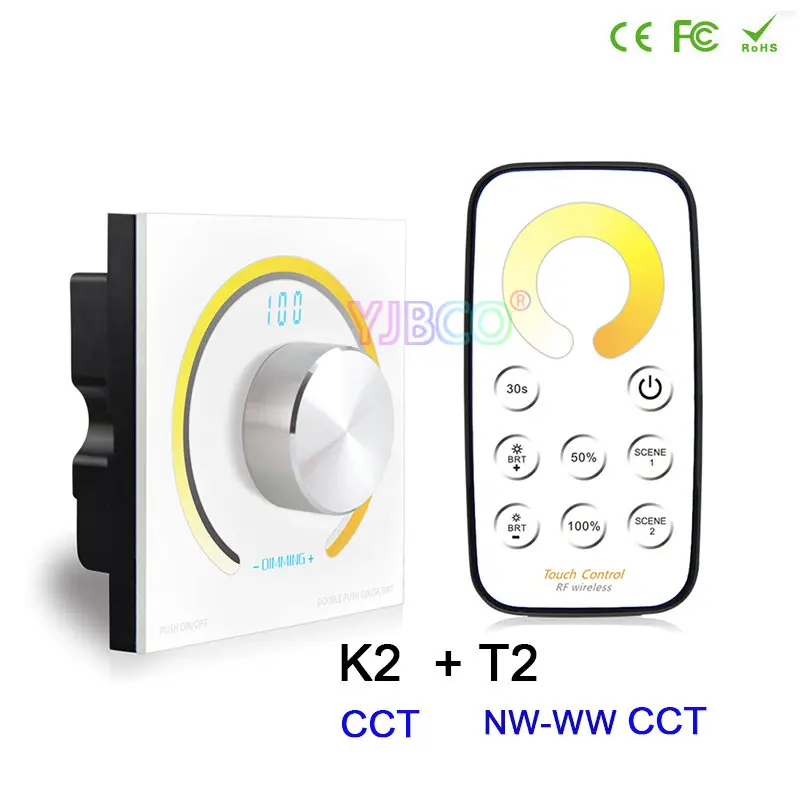K2 and T2 Bincolor переключатель ручка настенный Одноцветный/CCT/RGB Вращающийся регулировщик света контроллер и RF беспроводной пульт дистанционного управления для Светодиодная лента, DC12V-24V - Цвет: K2 and T2