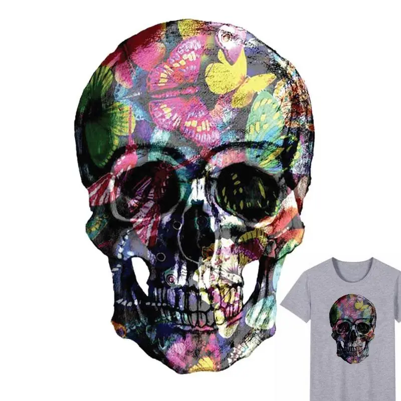 

25x17cm Colorful Skull Parches Iron On Stickers Washable Appliques A-level Patches Heat Transfer For DIY Accessory Clothes Bag