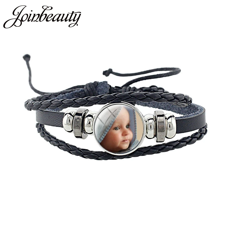 

JOINBEAUTY Personalized Photo Multilayer Leather Bracelet Custom Handmade Round Glass Cabochon Girls&Boys Bangle NA01