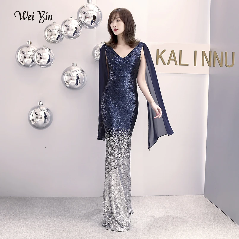 wei yin Navy Blue Evening Dress Long Sparkle 2019 New V-Neck Women Elegant Sequin Mermaid Maxi Evening Party Gown Dress WY1627