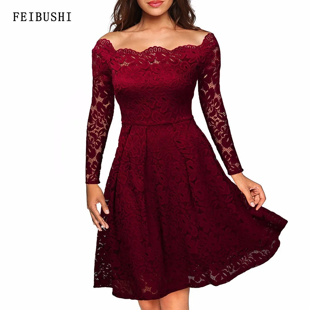 FEIBUSHI 2017 New Womens Embroidery Sexy Lace Off Shoulder Purple Solid Long Sleeve Evening Party A