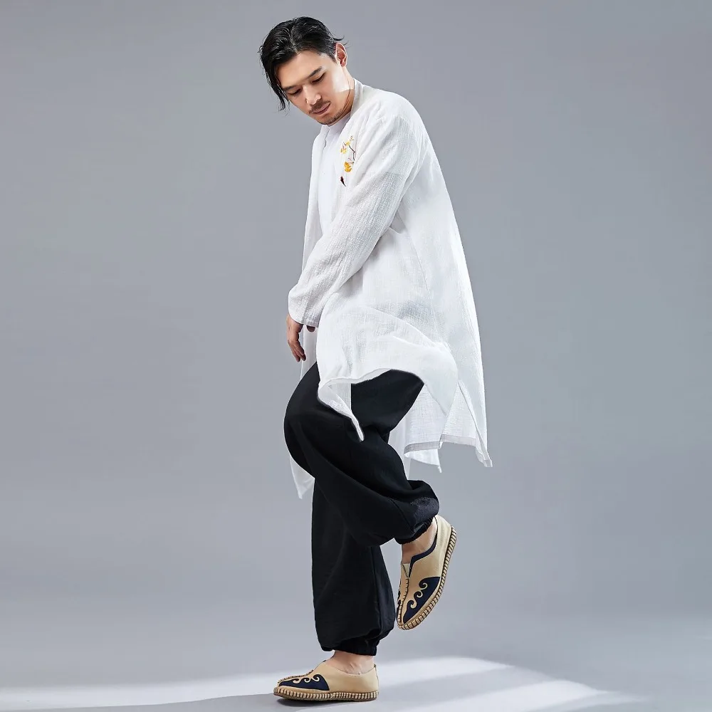 LZJN 2019 Casual Long Sleeve Shirt Summer Men's Vintage Embroidery Kimono Cardigan Cotton Linen Cloak Poncho Open Front Coat (5)