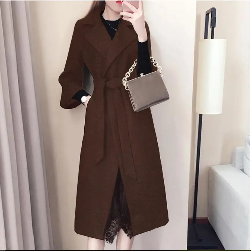 Женское шерстяное пальто с отложным воротником размера плюс 2XL на осень и зиму, верхняя одежда средней длины, модный шерстяной Тренч с поясом - Цвет: coffee