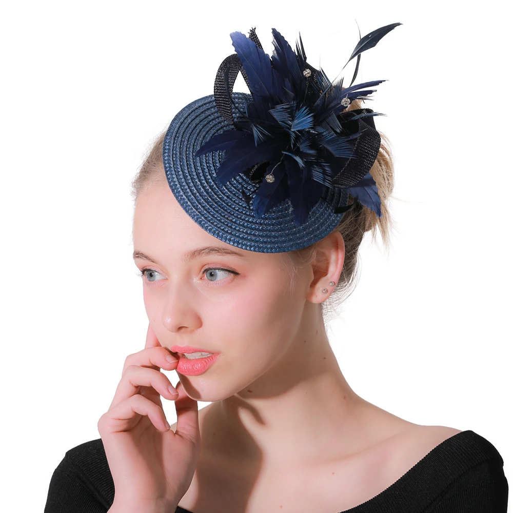 

Navy Feather Flowers Fascinator party hats Womens Hair Accessories Bridal Hair Ornaments Headwear Elegant Ladies Race Headpiece