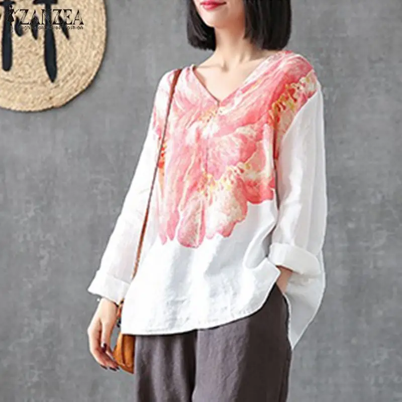 Plus Size Tunic Women's Print Blouse ZANZEA Kaftan Floral White Tops Female O Neck Long Sleeve Shirts Blusas Woman Chemise