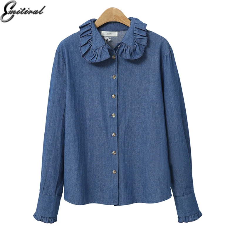

2018 Winter Spring Plus Size M- 3XL Women Denim Blouse Jeans Shirts Female Cowboy long sleeve Casual Vintage Floral Neck Tops