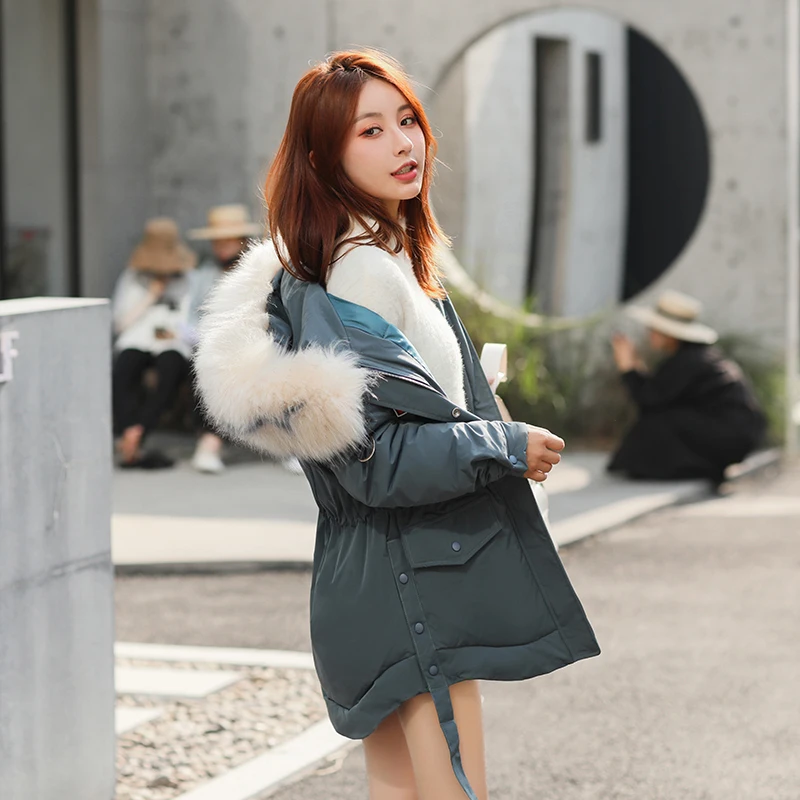 

2019 New Women Winter Jacket Korean Style Hooded with Fur Collar Female Winter Coat Loose Oversized Womens Long Parka Outwear