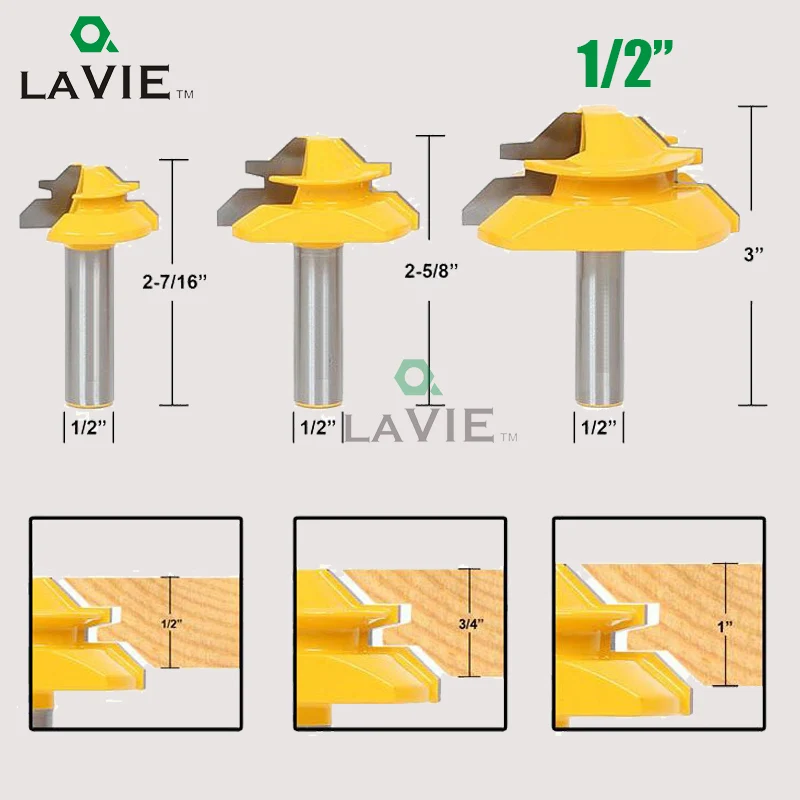 LA VIE 3PCS 1/2" Shank 45 Degree Lock Miter Bit Glue Joint Set CNC Tenon Cutter for Woodworking Tools MC03018 | Инструменты