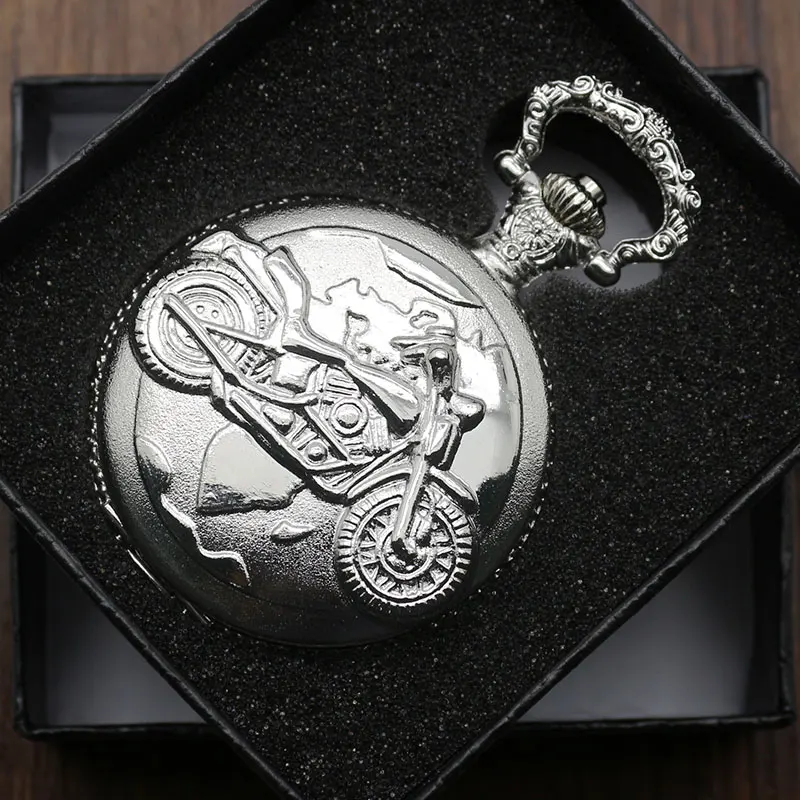Modern Silver Motorcycle Motorbike Pocket Watch with Necklace Chain