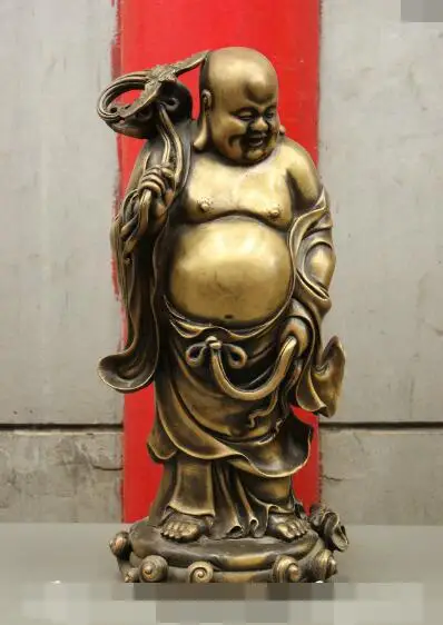 

S01407 23 China Buddhism Pure Bronze Wealth Stand Happy Laughing Maitreya Buddha Statue (B0328)