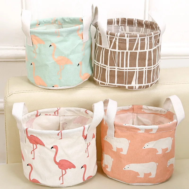 

Round Flamingo Cotton Linen Desktop Storage Box Sundries Storage Organizer Cosmetic Storage Basket Container Case