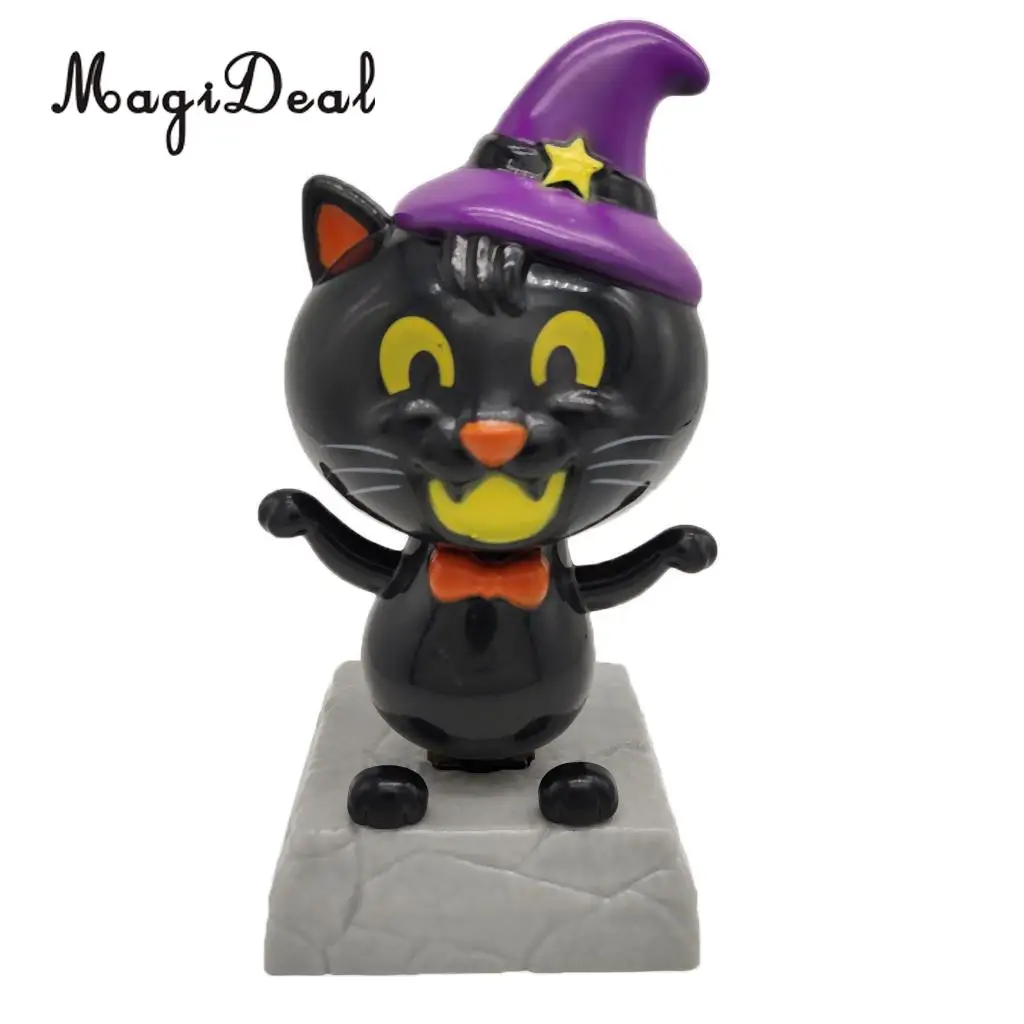 Adorable Dancing Cat with Witch Hat Statue Figure, Plastic Bobbleheads Doll, Home Office Car Dashboard Ornament