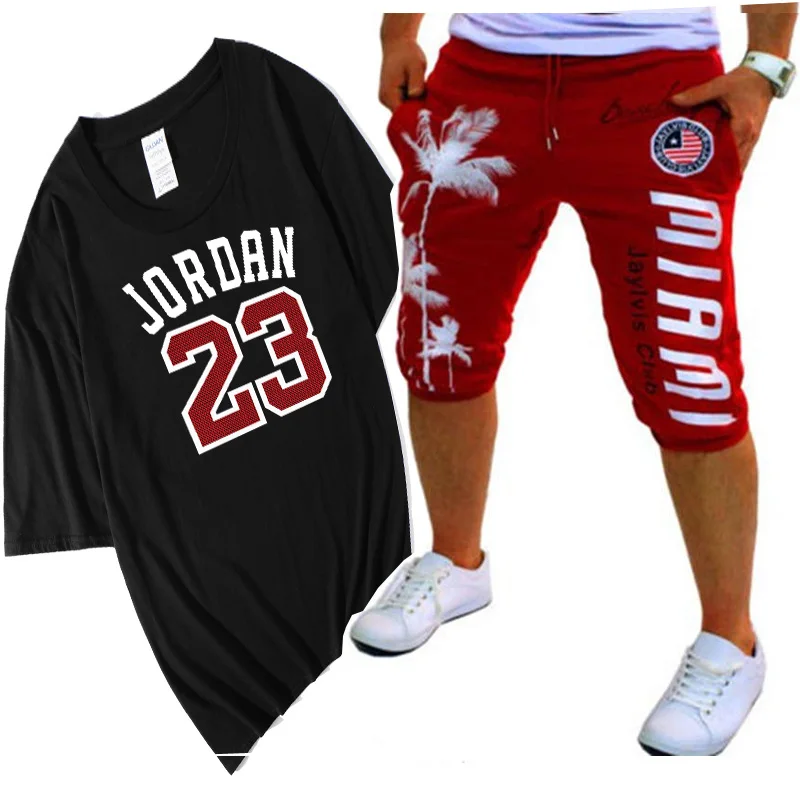 

New Summer 23 jordan Men Set Sporting Suit Short Sleeve T shirt+Shorts Two Piece Set T-shirt+Beach Shorts Fitness Tracksuit Men