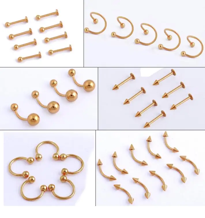 golden Steel Labret Lip Body Pierce Nipple Navel Belly Eyebrow
