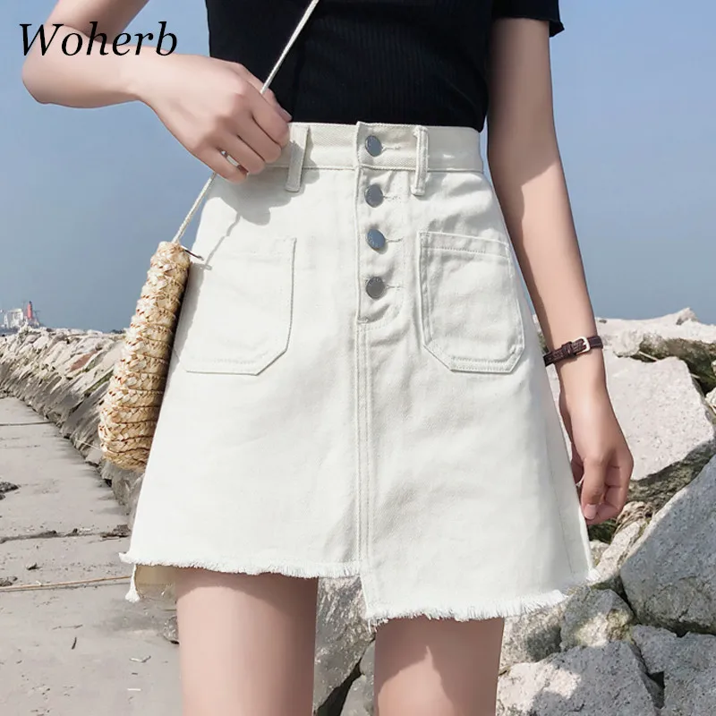 Woherb Preppy Style Women Denim Mini Skirt Summer Fashion Hole A Line ...