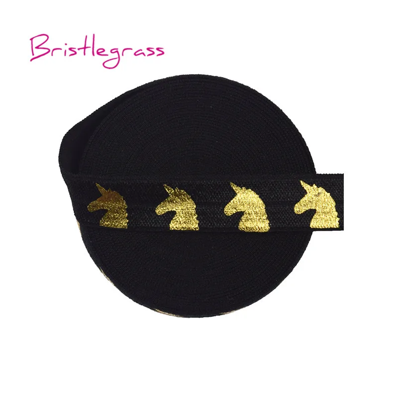 BRISTLEGRASS 100 Yard by Roll 5/8" 15mm Gold Unicorn Foil Print Shiny Fold Over Elastics FOE Spandex Bands Headband Dress Sewing - Цвет: Black