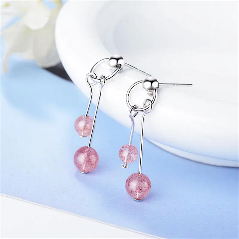

New Fashion Temperament 925 Sterling Silver Jewelry Strawberry Crystal Circle Simple Pink Balls Women Dangle Earrings SE655