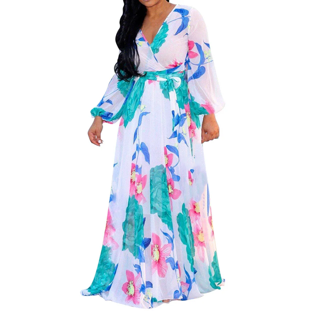 

Women Sexy Hollow Out Deep V Neck Long Sleeve Floral Print Boho Dress Autumn Casual Vintage Vacation Dresses Combinaison Femme