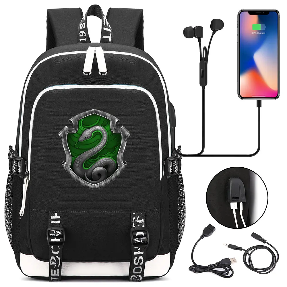 17 Magic Shool Хогвартс Слизерин наушники USB Джек мальчик девочка школьная сумка для женщин подростков холст мужчины ноутбук рюкзак - Цвет: 17