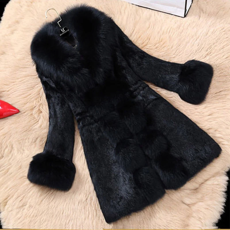 

2019 Winter Woman Coat With Fox Fur Collar Female Black Outerwear Faux Rabbit Fur Coat Outerwear manteau femme hiver LJLS046