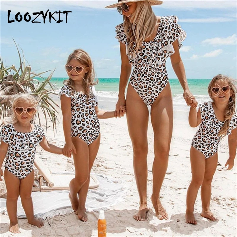 

Loozykit 2019 Piece Swimsuit For Mother And Girls Ruffle Leopard Swimwear For Family Summer Beach Costume Costumi Interi