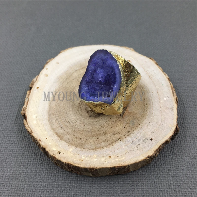 MY1040 Natural Agates Druzy Geode Rings Gold Color Base Rings (5)