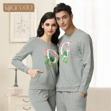 Qianxiu Трикотажные Хлопковые женские пижамы для влюбленных пижамы с длинными рукавами и круглым вырезом пижамные комплекты с цветочным принтом женские пижамы