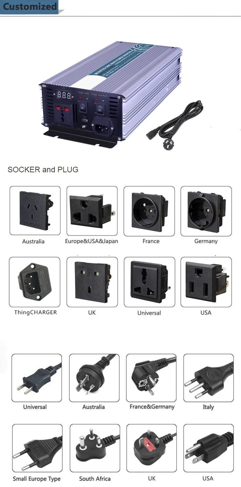 3000 Вт чистый синусоидальный инвертор, DC 12 В/24 В/48 В к AC110V/220 В, решетки солнечных Напряжение преобразователь с Панель Зарядное устройство и UPS