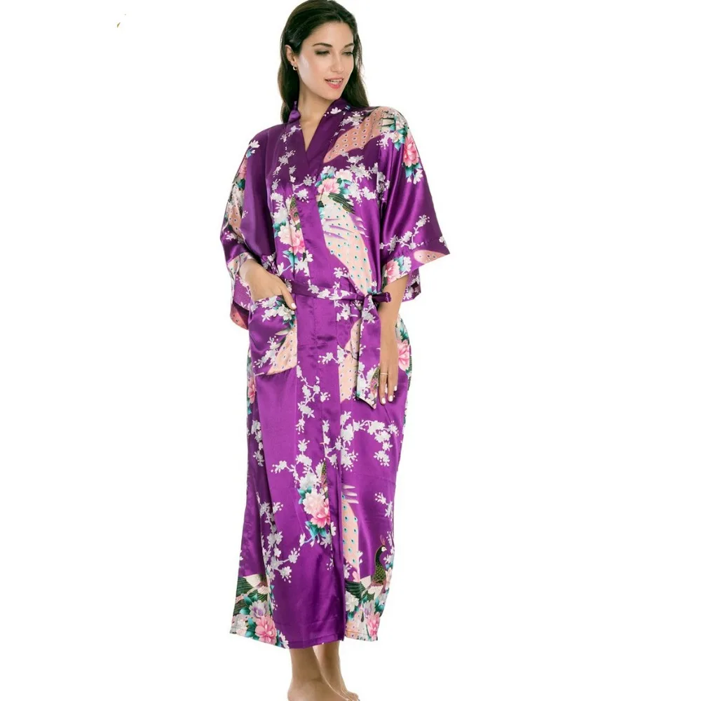 

Purple Plus Size XXXL Chinese Women Satin Robe Gown Japanese Geisha Yukata Kimono Bathrobe Sexy Sleepwear Flower Nightgown