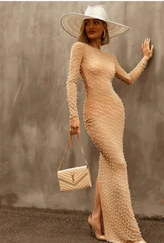 

Robe Femme Autumn Dress 2019 Sexy O-Neck Beading Cotton Dress Vestidos Woman Ankle-Length Celebrity Party Dress