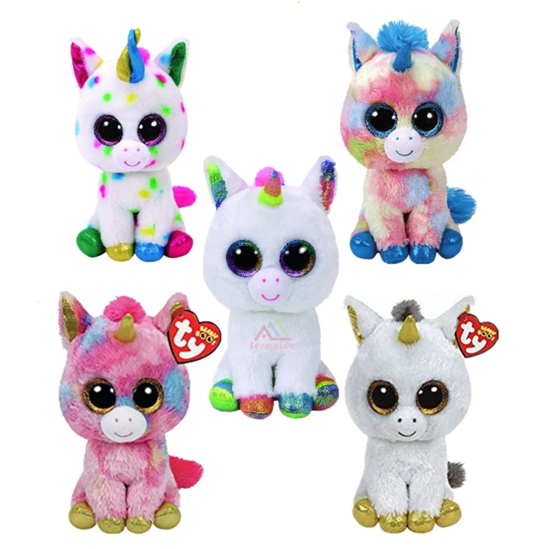 

Unicorns Ty Beanie Boos ANIMALS Big Eyes 6" 15cm White Unicorn Party Gift Decoration with Rainbow Hair Plush Animal Toys
