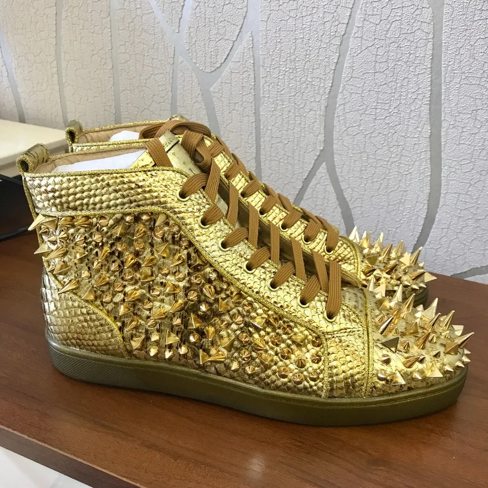 

Casual Designer Sneakers Free shipping fashion men gold snake python spikes lace up high top Designer sneakers shoes trainers