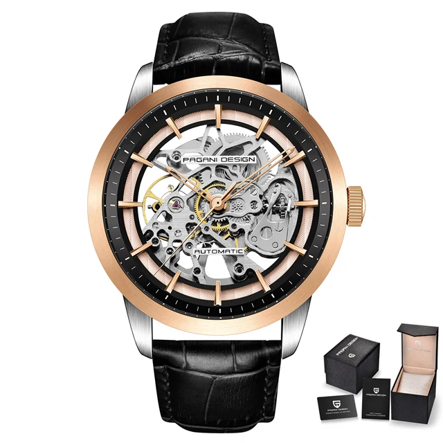 PAGANI дизайнерский бренд Скелет Полые кожаные мужские наручные часы Роскошные Механические Мужские часы Новые Relogio Masculino PD-1638 - Цвет: black gold