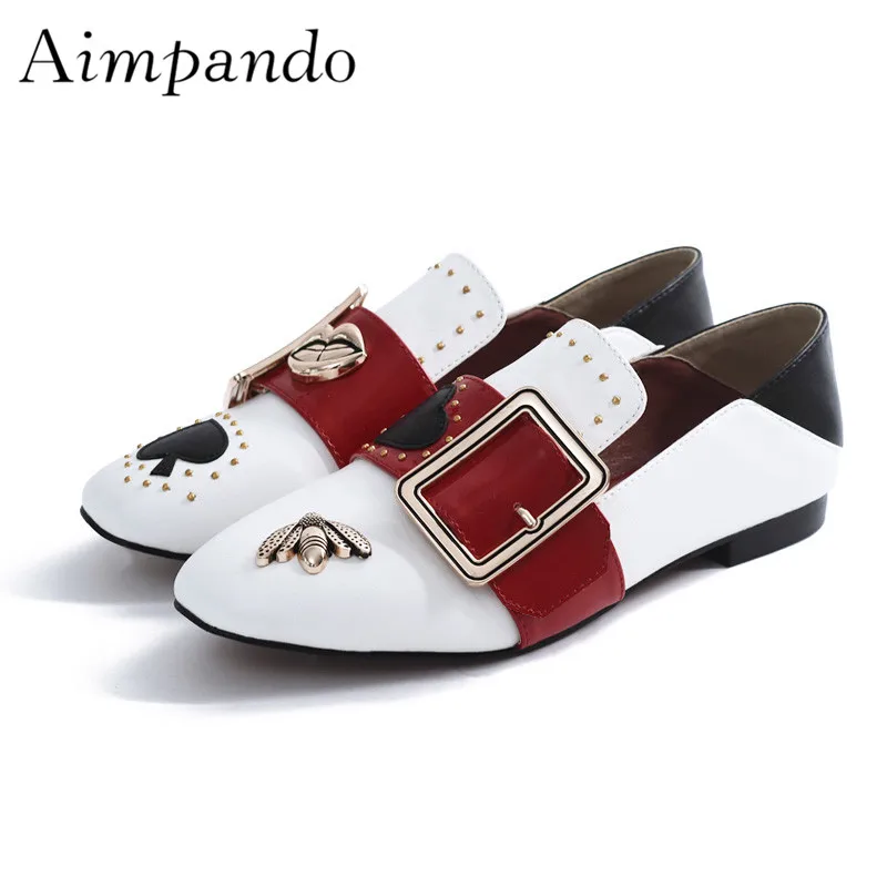 

Geniune Leather Slip On Loafers Red Heart Rivet Metal Square Buckle Sequins Two-wear Casual Flat Shoes Woman