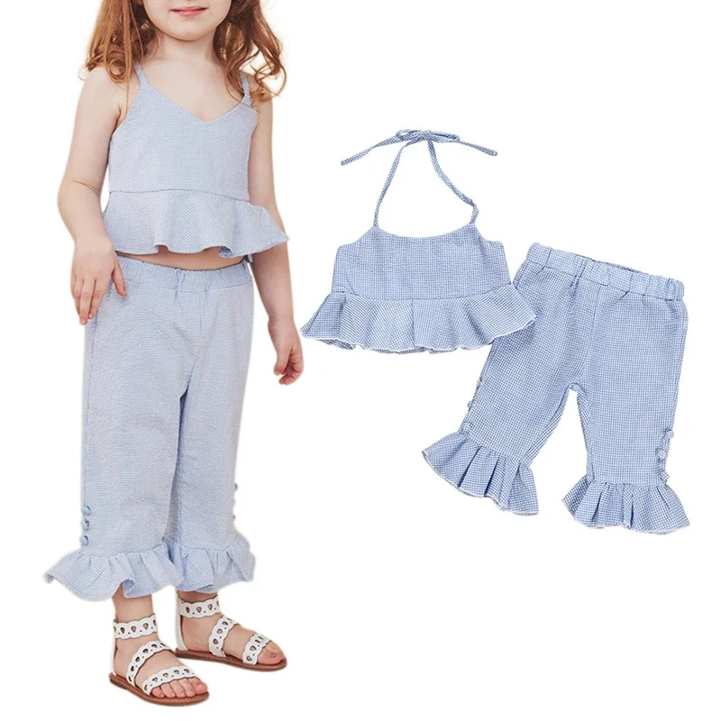 

2 Pcs Kids Girl Clothes Set Summer Beach Fashionable Plaid Sleeveless Vest Top+Long Pant Baby Clothes For Girl 1-5Y