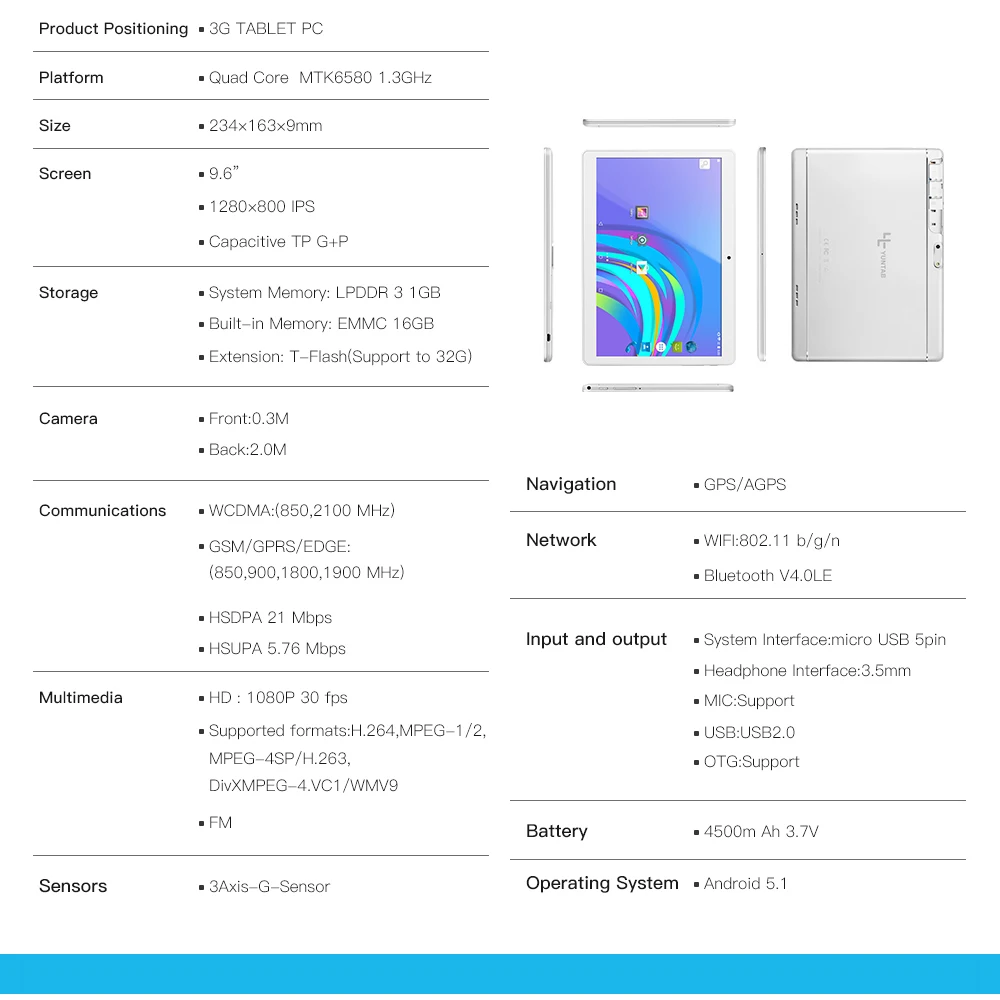 Yuntab 9,6 дюйма K98 Android 5,1 сенсорный экран планшетного ПК 3g разблокирован смартфон 1 ГБ + 16 ГБ с двойной камерой 0.3MP + 2MP