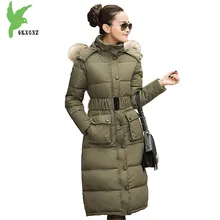 European New Women Winter Down Cotton Lengthened Coats Fashion Print Hooded Fur Collar Thicker Plus Size Slim Jacket OKXGNZ A917