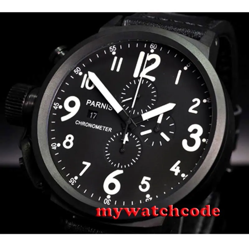 

50mm Parnis black dial PVD case full Chronograph Lefty Crown mens Watch P715