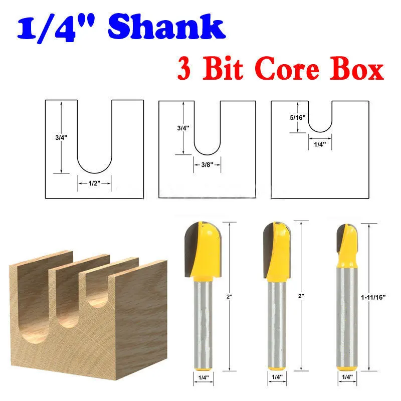 Бит маршрутизатора Core Box-3 шт. Набор-1/4 "хвостовик линия нож Деревообработка резак шипорезный Станок для деревообработки инструменты