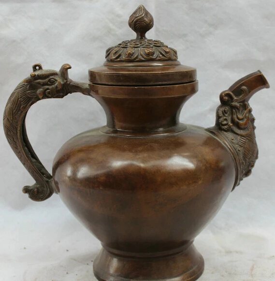 

JP S62 9 Chinese Dynasty palace Bronze Dragon handle lotus flower Wine Tea Pot Flagon