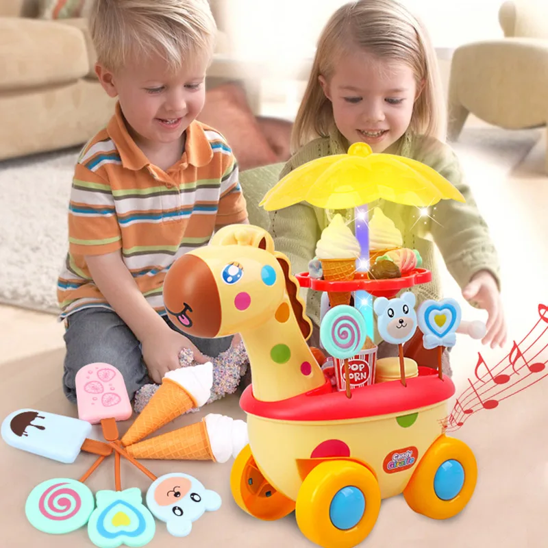 

Meibeile Cute Giraffe Ice Cream Candy Vending Cart Trolley Kitchen Food Pretend Play Toys With Music Light Kids Educational Gift