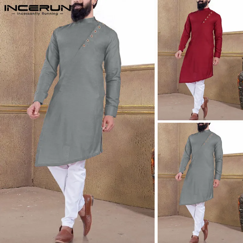 

INCERUN Men's Muslim Stitching Irregular Muslim Clothing Long-sleeved Solid Color Long-sleeved Saudi Arabian 2019 Men Robes 5XL