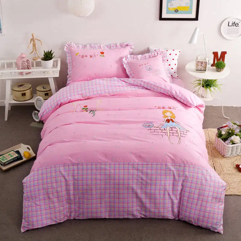 

Pink Cartoon Girls Applique Embroidered Bedding Sets Twin Full Queen Size Bedclothes Coverlets Cotton Woven Children's Baby Home
