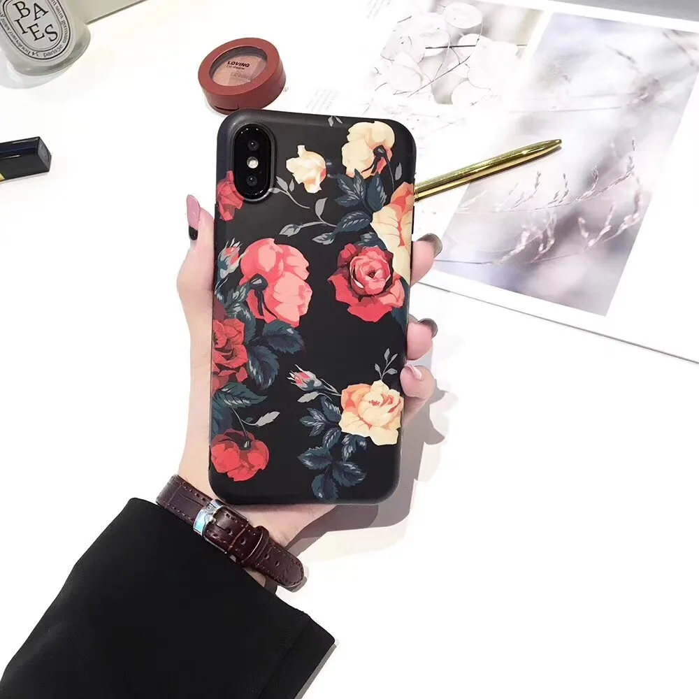 Retro Classical Red Rose Flower Phone Case for iphone6 6s 7 8 plus soft IMD Cover iphoneX |