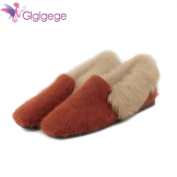 

Glglgege 2018 New Loafers Nature Fur Square Toe Slip-On Fashion Buckle Plush Lady Flat Winter Zapatos Mujer Shallow Woman Shoes