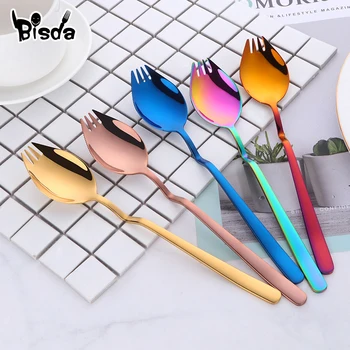 

4Pcs Salad Sporks Creative 3 IN 1 Mixing Spoon Fork Knife Noodle Fruit Utensil Hanging Cup Bowl Spork Dessert Dinnerware Kit