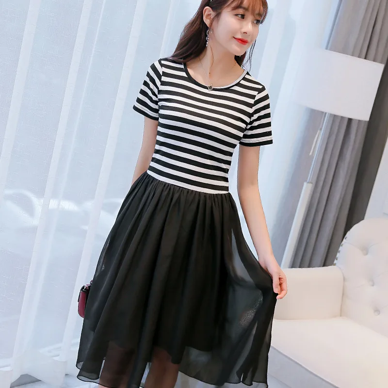 

2019 summer new dress woman stripe Korean O collar wild Mesh stitching Sexy dresses fashion party midi dress Female vestidos