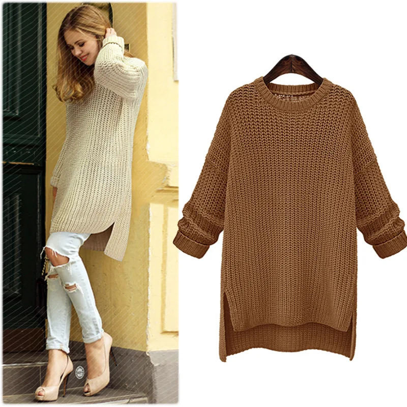 

2018 New Open-fork Long Sweater Coat Pulover Feminino Autumn Winter Women Knitted Jumper Thickened O-neck Long Sleeve Sweater