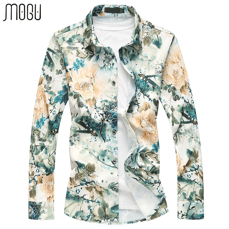 

MOGU Long Sleeve Floral Casual Shirts Men 2017 Autumn New Fashion Printed Hawaiian Shirts Slim Fit Asian Size M-7XL Men's Shirts